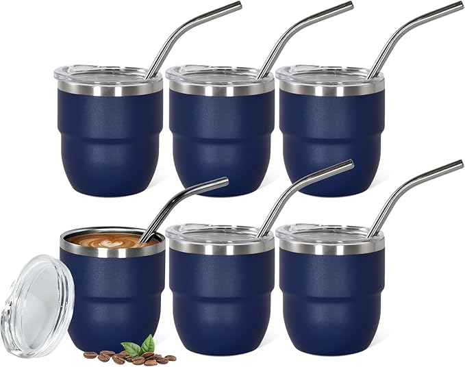 4oz Stackable Cup, Vacuum Insulated Espresso Cup Set of 6, Espresso Shot Glass for Coffee, Double Wall Stainless Steel Mini Tumbler Shot Glasses with Straw and Lid