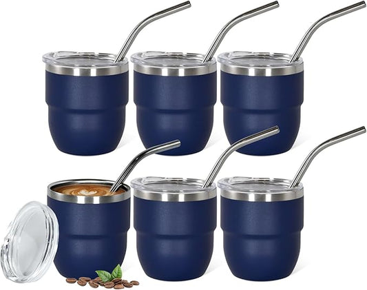 4oz Stackable Cup, Vacuum Insulated Espresso Cup Set of 6, Espresso Shot Glass for Coffee, Double Wall Stainless Steel Mini Tumbler Shot Glasses with Straw and Lid
