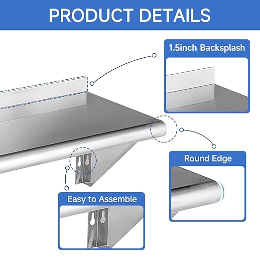 ROCKPOINT Stainless Steel Shelf 12 x 72 Inches 450lb, 2 Pack NSF Commercial Wall Mount Floating Shelving with Backsplash for Restaurant, Kitchen, Home and Hotel, Silver