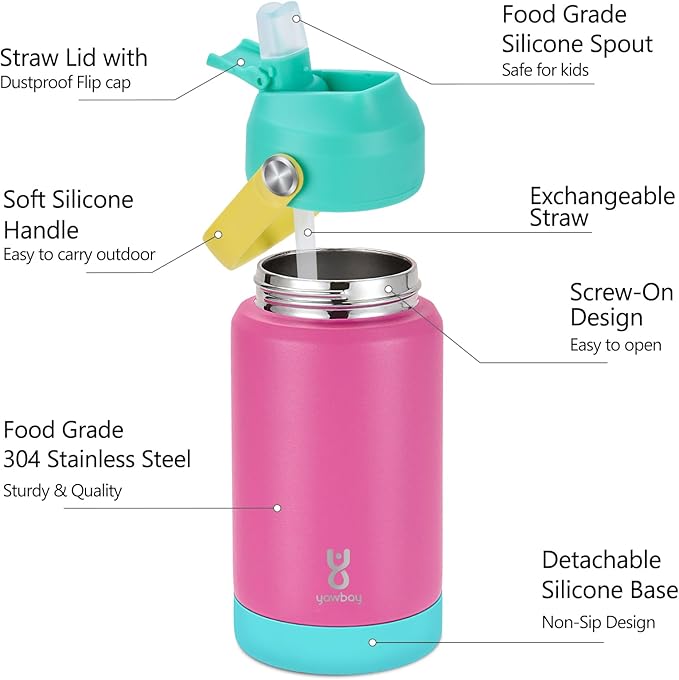 Kids Insulated Water Bottle with Straw Lid & Silicone Handle,12oz Kids Leak Proof Water Bottle for School Boys Girls,Double Wall Vacuum Stainless Steel with Non-slip Silicone Base(Rose Pink)
