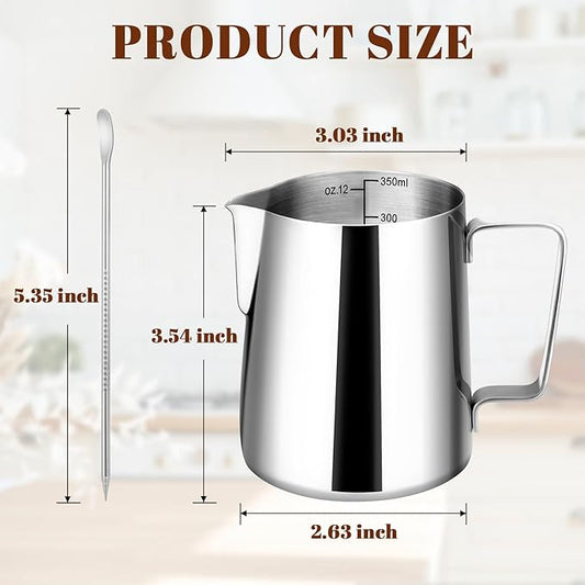 Milk Frothing Pitcher, 12oz Milk Frother Cup with Clear Scale, 304 Stainless Steel Cappuccino Espresso Machine Accessories for Barista Coffee Bar with Latte Art Pen, Silver
