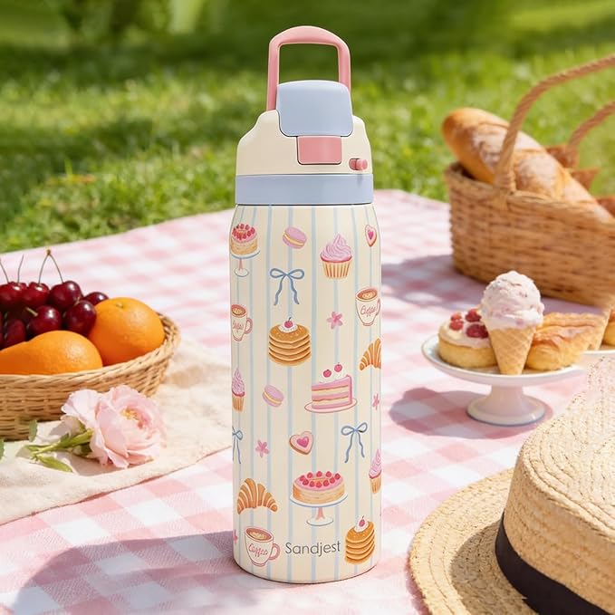 Desserts Stainless Steel Water Bottle, Vacuum Insulated, Push-Button Lid, 32 oz, Gifts for Women Girls Friends Teens Birthday Christmas