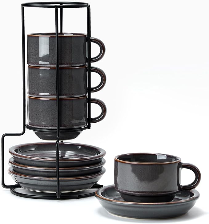 JIEMEI HOME Porcelain Stackable Cappuccino Cups with Saucers and Metal Stand, 7 Ounce Espresso Cups for Latte Coffee Cafe, Specialty Coffee Drinks, Cappuccino and Tea - Set of 4, Purple-Gray