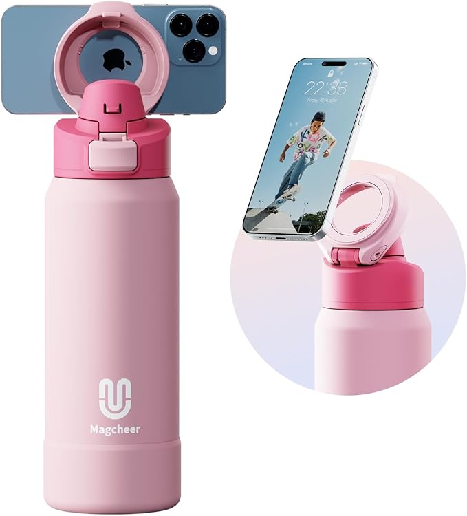 Insulated Magnetic Water Bottle - Reusable Stainless Steel Bottle with MagSafe Compatible Phone Holder - Keeps Cold for 24 Hours - Perfect for Gym, Sports, and Travel - Pink 32oz