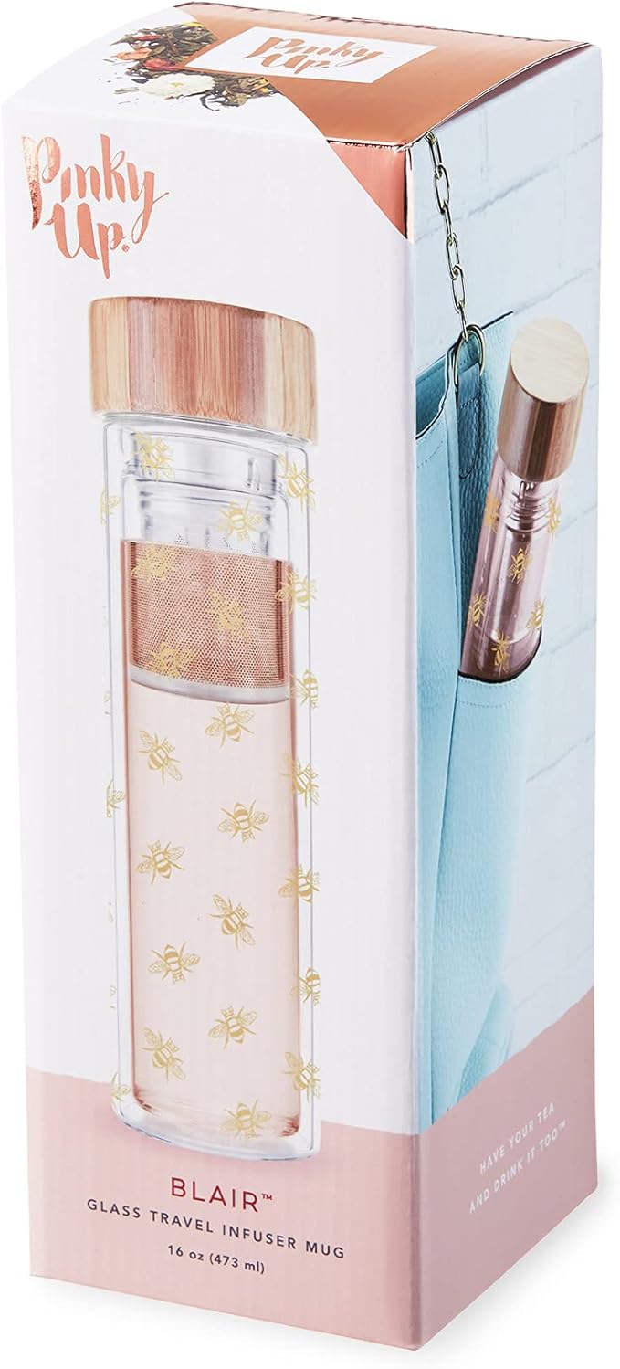 Pinky Up Blair Tea Infuser Mug with Strainer and Lid, Double Walled Glass Tumbler for Home Office, Travel, Picnic, Camping, 16 oz, Set of 1, Arabesque Gold