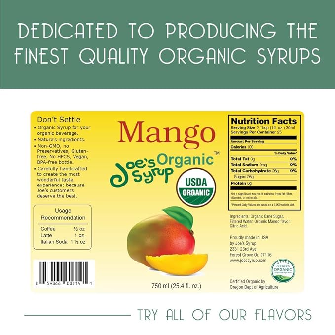 Joe’s Syrup Organic Flavored Syrup, Organic Mango, 750 ml (3 Pack)