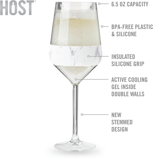 Host Stemmed Wine Glass Freeze Cup, Double Wall Insulated Cooling Tumbler with Freezing Gel, Glasses for Red and White Wine, 6.5 oz, Set of 2, Marble