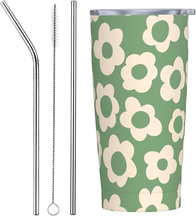 Vintage Groovy Flowers 20oz Stainless Steel Insulated Tumblers Travel Mug Cup Leakproof Gift For Men Women Hot & Cold Drinks Splash-Proof Lid Metal Straw and Brush