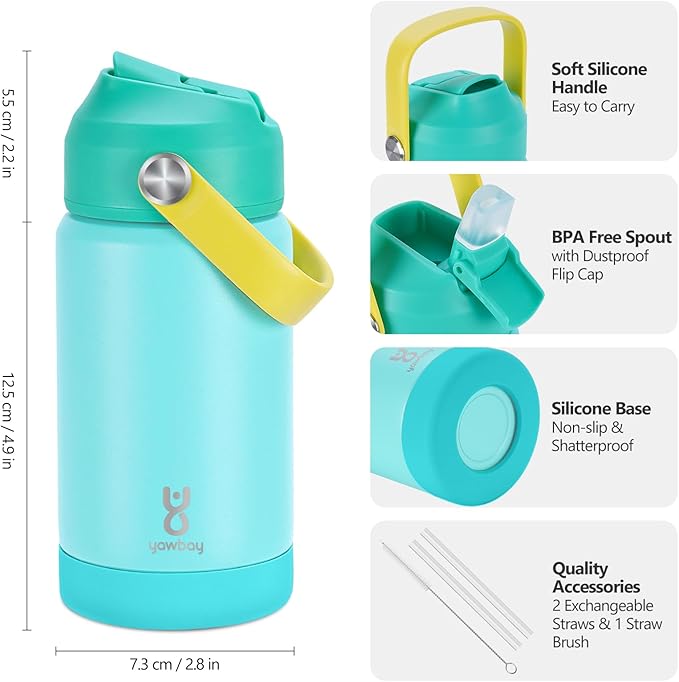 Kids Insulated Water Bottle with Straw Lid & Silicone Handle,12oz Kids Leak Proof Water Bottle for School Boys Girls,Double Wall Vacuum Stainless Steel with Non-slip Silicone Base(Lake Blue)