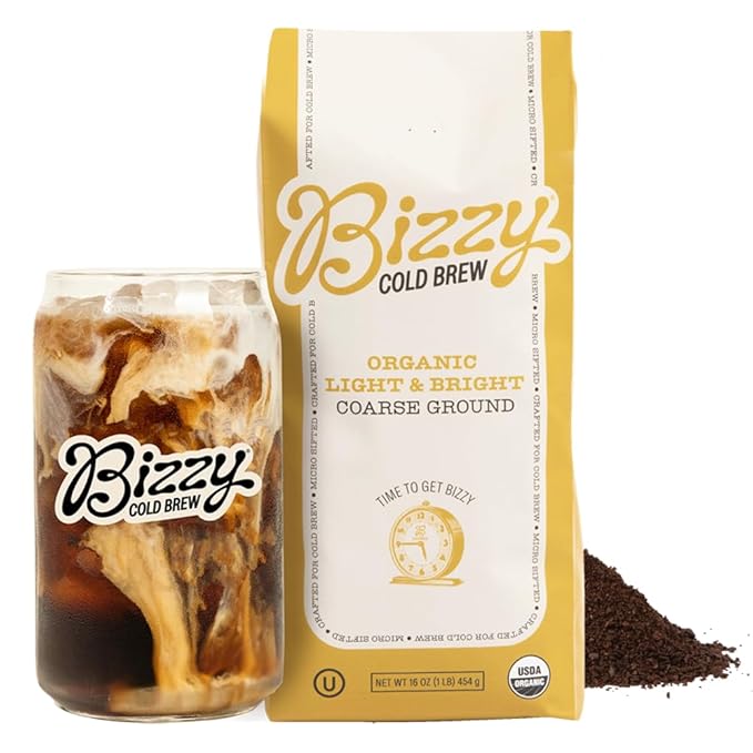 Bizzy Organic Cold Brew Coffee | Light & Bright Blend | Coarse Ground Coffee | Light Roast | Micro Sifted | Specialty Grade | 100% Arabica | 1 LB