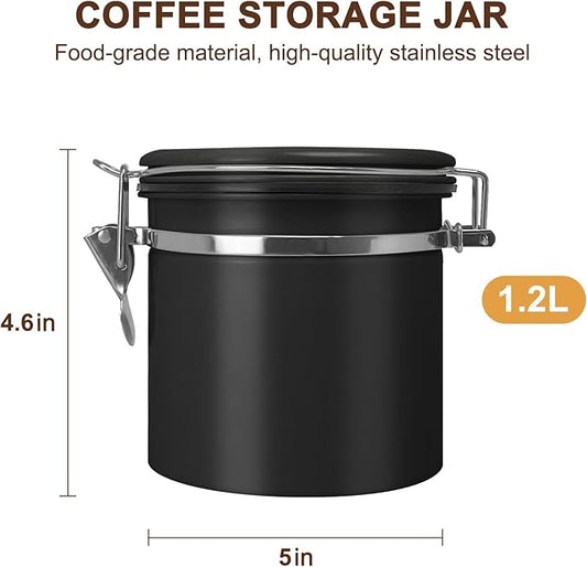 1.2L Airtight Vacuum Coffee Canister, Stainless Steel Storage Container for Coffee Beans and Grounds with Scoop.Suitable for coffee powder, coffee beans, rice, tea leaves, sugar, flour, and grains