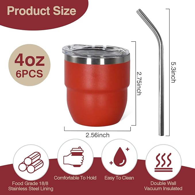 4oz Stackable Cup, Vacuum Insulated Espresso Cup Set of 2, Espresso Shot Glass for Coffee, Double Wall Stainless Steel Mini Tumbler Shot Glasses with Straw and Lid