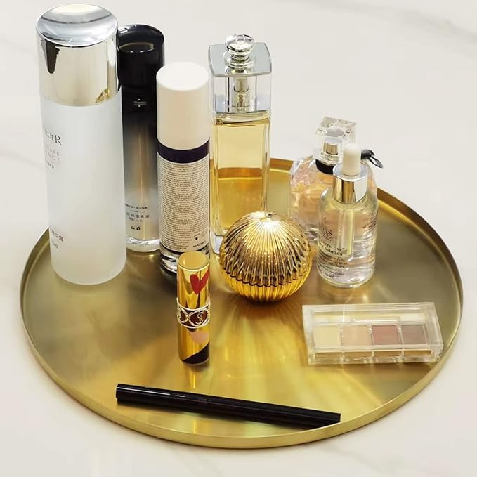 FREELOVE Gold Serving Tray, Decorative Platters and Trays for Perfume Jewelry Comestics Food Coffee Tea Candle, Bath Vanity Counter Bathroom Table (Light Gold, 14 inch)