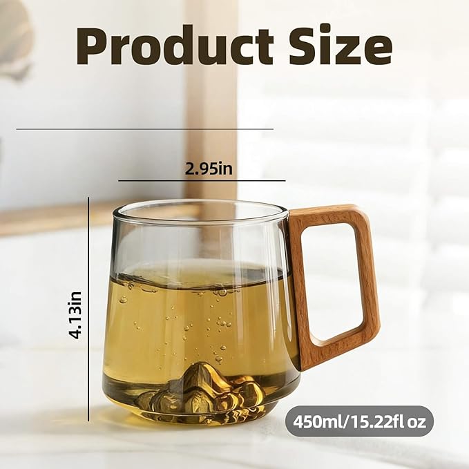 Gray Glass Slanted Coffee Cups with Wooden Handle, 15.2oz Large Glass Mugs with Handle, 3D Mountain Bottom Clear Coffee Mugs for Café & Tea Lovers, Vintage Style Wood Handle Mug for Home, Gift