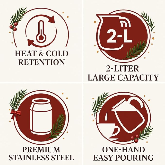 Heritage66 Thermal Coffee Carafe with Cleaning Brush – 68 oz (2 L) Vacuum Insulated Stainless Steel Beverage Dispenser, Keeps Drinks Hot 12 H/Cold 24 H, Ideal for Home, Office & Parties