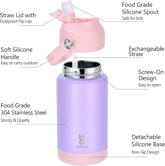 Kids Insulated Water Bottle with Straw Lid & Silicone Handle,12oz Kids Leak Proof Water Bottle for School Boys Girls,Double Wall Vacuum Stainless Steel with Non-slip Silicone Base(Light Purple)