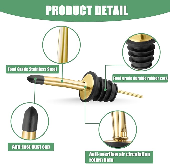 WAFJAMF 12 Pcs Liquor Pour Spouts Set, Stainless Steel Liquor Bottle Pourers with Rubber Dust Caps, for Pours Liquid, Olive Oil, Wine, Vinegar (Gold-12 Pack)