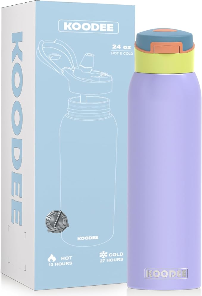 koodee 24oz Free-sip Insulated Stainless Steel Water Bottles with Soft Straw,Quick Flip GO Bounce cup Thermo-flask,Pop & Fill Double-Wall Vacuum Bottle,for Sports & Travel,BPA-Free (Sky Pop)