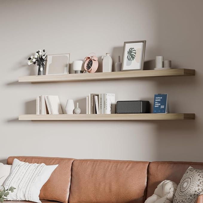 60 inch Long Floating Shelves for Wall,Solid Wood Long Shelves Set of 2,Natural Rustic Mounted Shelves for Bathroom Living Room (Natural, 60 Inch)