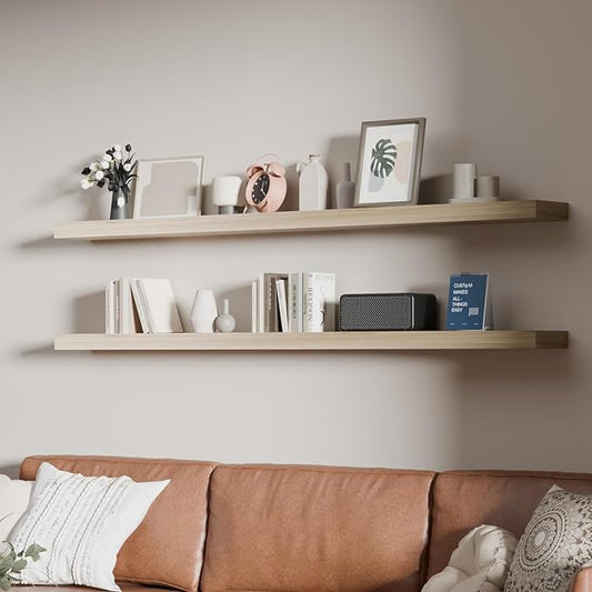 60 inch Long Floating Shelves for Wall,Solid Wood Long Shelves Set of 2,Natural Rustic Mounted Shelves for Bathroom Living Room (Natural, 60 Inch)