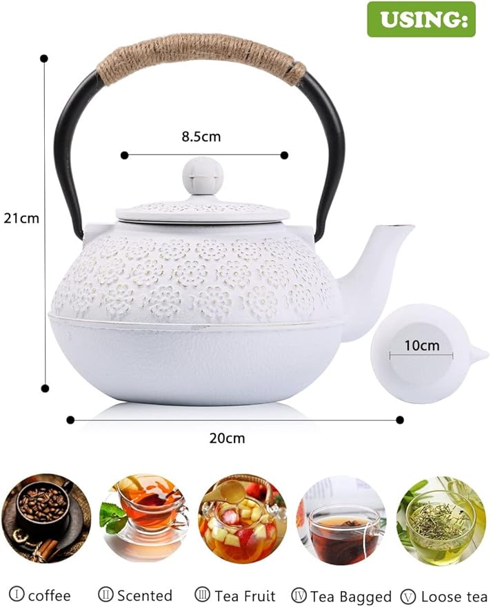 Sotya Cast Iron Teapot, 40oz/1200ml Japanese Tetsubin Tea Pot with Infuser for Loose Leaf and Tea Bags, Tea Kettle Coated with Enameled Interior for Stove Top, White