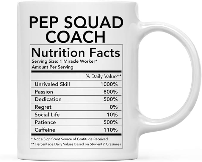 Andaz Press Funny 11oz. Ceramic Coffee Tea Mug Thank You Gift, Pep Squad Coach Nutritional Facts, 1-Pack, Novelty Gag Birthday Christmas Gift Ideas Coworker