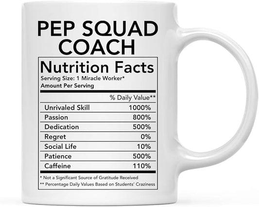 Andaz Press Funny 11oz. Ceramic Coffee Tea Mug Thank You Gift, Pep Squad Coach Nutritional Facts, 1-Pack, Novelty Gag Birthday Christmas Gift Ideas Coworker