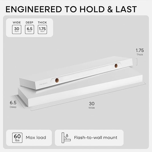 Homeforia White Floating Shelves 30 inch, High End Solid Real Wood 30inch Floating Shelf for Wall Mounted, White Wooden 30in Long Floating Shelves, Heavy Duty Bracket, 30 X 6.5 X 1.75 inches, Set of 2
