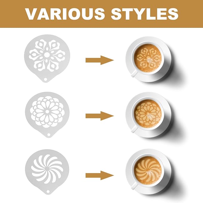 3Pcs Stainless Steel Coffee Stencils for Latte Art Milk Spray Template Cappuccino Art DIY Portable Coffee Decorating Tools for Cakes Cookies Hot Chocolate