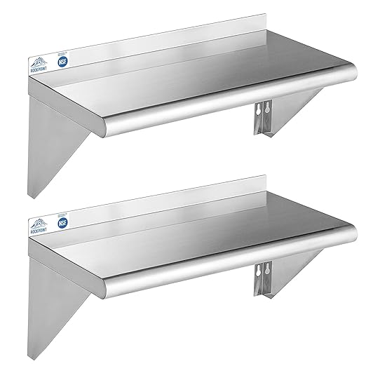 ROCKPOINT Stainless Steel Shelf 12 x 24 Inches 250lb, 2 Pack NSF Metal Commercial Shelves Wall Mount Floating Shelving with Backsplash for Restaurant, Kitchen, Home and Hotel, Silver