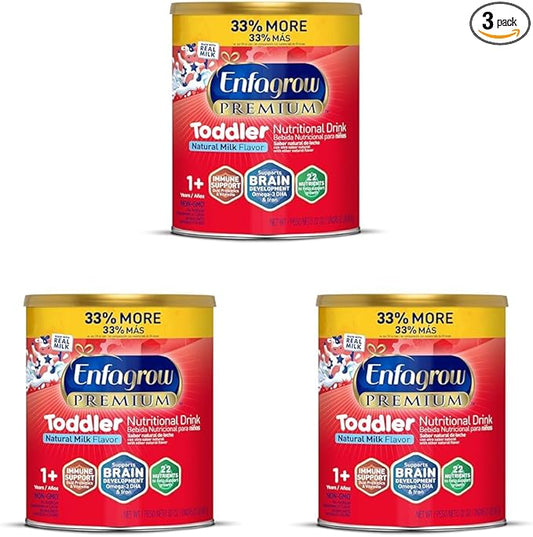 Enfagrow Premium Toddler Nutritional Drink, Made with Real Milk, Brain-Building Omega-3 DHA, Nutrients and Prebiotics for Growth & Immune Support, Non-GMO, Toddler Milk Powder, 32 Oz Can (Pack of 3)