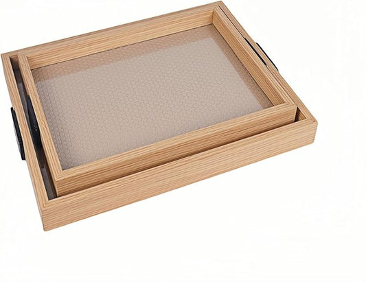 Leather Surface Wood Service Tray with Metal Handle, 2-piece Food and Beverage Tray, Coffee Table, Breakfast, Dinner and bar, Kitchen, Party (Leather Surface/Large+Small)