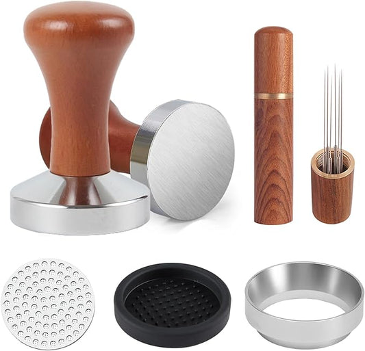 58mm Espresso Accessories Kit, Wooden Handle Espresso Tamper, WDT Tool, Puck Screen and Dosing Funnel Set Fits Delonghi 58 mm Espresso Coffee Machines and Portafilter, Barista Tools