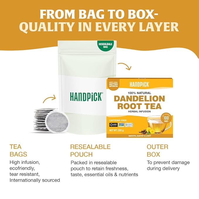 HANDPICK - Dandelion Root Tea bags, 100 Teabags - Natural Dandelion Herbal Tea - Non-GMO - Caffeine-free