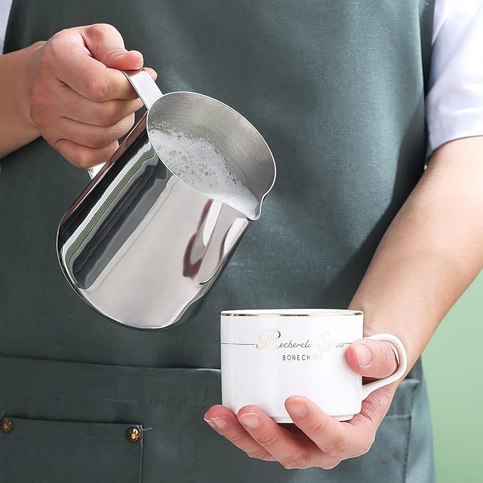 Milk Frothing Pitcher 21oz - 620ml, Kyraton Stainless Steel Espresso Steaming Pitchers with Decorating Pen,Milk Coffee Frother Cups Cappuccino Latte Art Barista Steam Pitchers Milk Jug Cup (Silver)