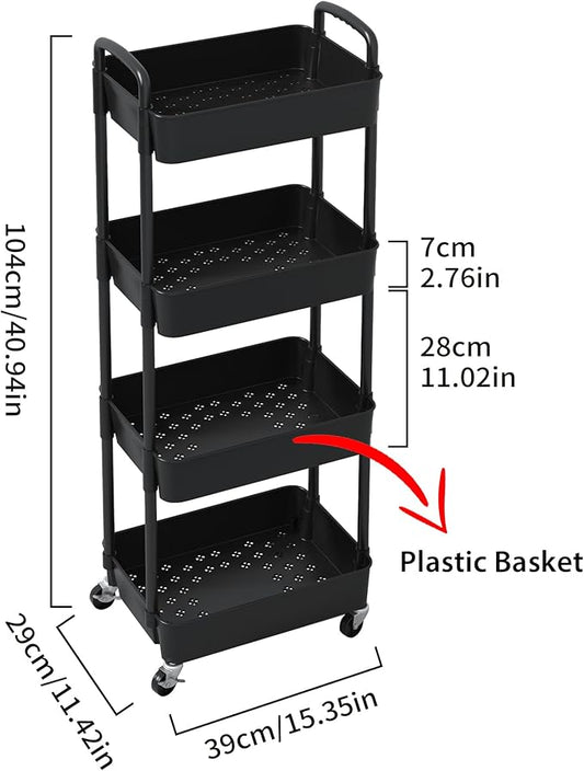 Sywhitta 4-Tier Plastic Rolling Utility Cart with Handle, Multi-Functional Storage Trolley for Office, Living Room, Kitchen, Movable Storage Organizer with Wheels, Black