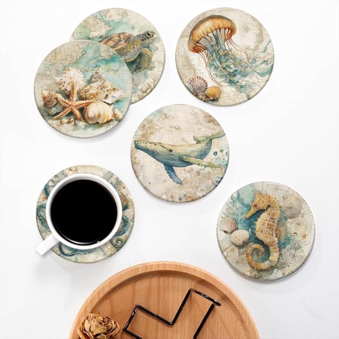 Ocean Coasters Set of 6,Absorbent Drink Coasters Cork Base Non-Slip Coasters,Marine Animal Coastal Beach Decor Coasters,for Apartment Kitchen Bar Decor,for Dining Tables Coffee Table,4in