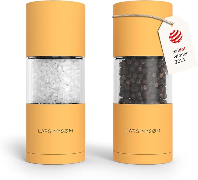LARS NYSØM Salt and Pepper Grinder Set, Manual Salt and Pepper Mills with Adjustable Ceramic Grinder, Design Spice Shaker Set (Mustard Yellow)