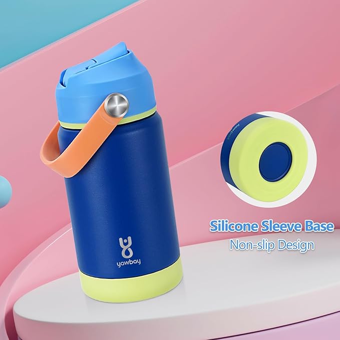 Kids Insulated Water Bottle with Straw Lid & Silicone Handle,12oz Kids Leak Proof Water Bottle for School Boys Girls,Double Wall Vacuum Stainless Steel with Non-slip Silicone Base(Dark Blue)