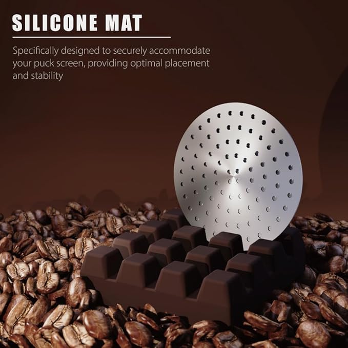 KYONANO 58.5mm Puck Screen with Stand - Espresso Machine Accessories - Reusable Metal Coffee Filters with Silicone Holder - Suit for 58mm Breville, WEGA Espresso Coffee Machines