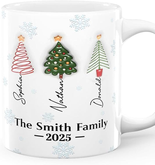 Joymade Personalized Ceramic Coffee Mug, Funny Custom Mug for Bestie, Friends, Couple, Coworker, Snowman Lovers (Family Christmas Tree Names)