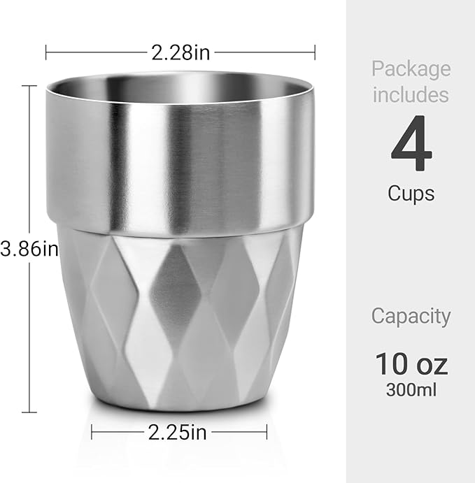 Beasea Stainless Steel Cup, 10 oz Set of 4 Stackable Stainless Steel Insulated Cups, Small Metal Cup Double Wall Tumbler Vacuum Metal Drinking Glasses for Home Restaurant Outdoors Camping Party
