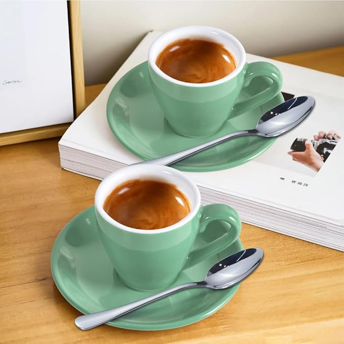 ionEgg Porcelain Espresso Cup with Saucer And Stainless Steel mini Spoons, Espresso shot Cup, 80ml/2.7Oz, Pack of 2, Cyan