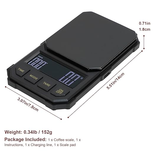 Coffee Espresso Scale with Timer, Digital, Automatic, Mini, Rechargeable, for Barista, 0.3-2000g/0.1g