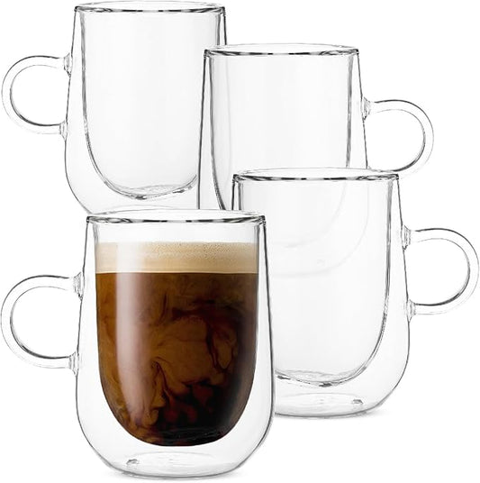 BTaT- Double Walled Espresso Cups, 5 oz, Set of 4, Clear Coffee Mugs, Double Wall Insulated Espresso Cups, Small Coffee Mugs for Tea, Lattes, Macchiatos, Hot & Cold Beverages