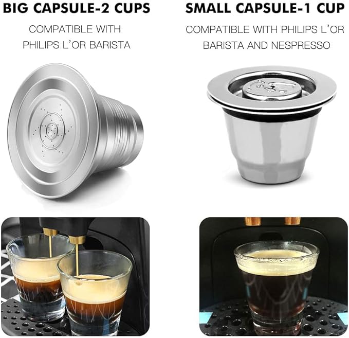 2 Pcs Reusable Stainless Steel Coffee Capsules Compatible with L'OR Barista LM8012 / 60, Refillable Coffee Pods Metal L'or Espresso Pods with Tamper(Big & Small)