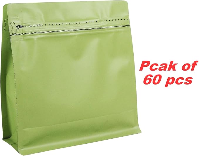 60 Pack High Barrier Stand-Up Coffee Bean Bags with Vented Valve Matte Metallic Heat-Sealable & Resealable Solid Color Pouches (Square,5.3 * 5.5 inch,1/4 lb,Avocado Green)