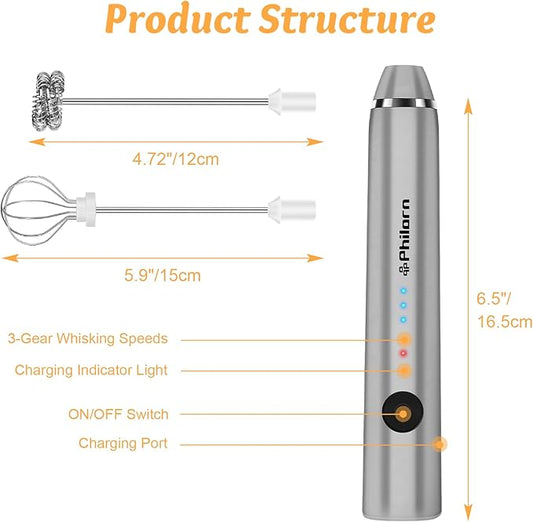 Philorn Milk Frother Wand Handheld Rechargeable Electric Whisk Coffee Drink Mixer, Mini Foamer for Lattes, Cappuccino, Frappe, Matcha, Hot Chocolate, Protein Powder, Keto Diet (Silver 2 Heads)