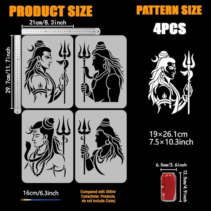 FINGERINSPIRE 4PCS India Shiva Painting Stencil with Paint Brush 8.3x11.7inch Character Silhouette Pattern Drawing Template Plastic Moon Man Snake Stencil Indian Theme Template for Home Decoration