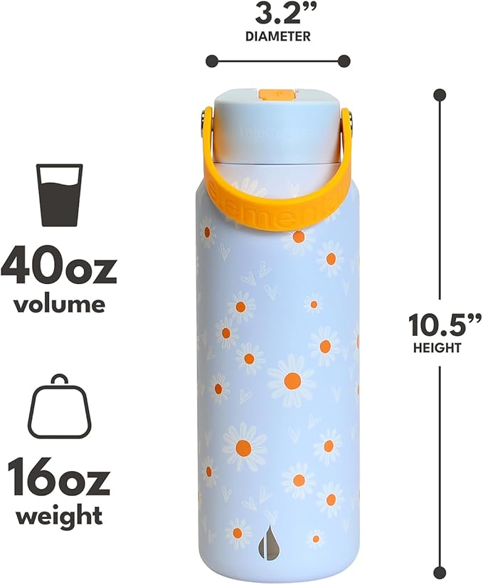 Elemental 40oz Insulated Water Bottle with Straw - 100% Leak-Proof Stainless Steel Core Water Bottles for Travel, Sports and Gym - Double Wall Insulation & BPA Free - Daisy Daydream